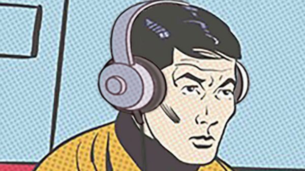 Comic picture of Star Trek's Sulu wearing headphones