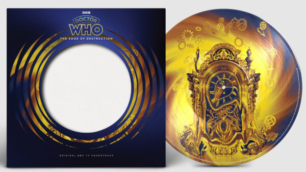 Doctor Who: The Edge of Destruction vinyl sleeve and disc artwork, featuring an melting Ormolu clock