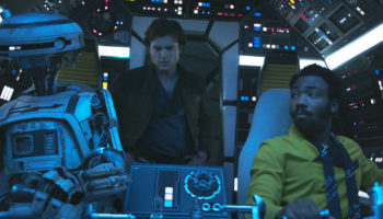 Alden Ehrenreich is Han Solo, Donald Glover is Lando Calrissian and Phoebe Waller-Bridge is L3-37 in SOLO: A STAR WARS STORY.