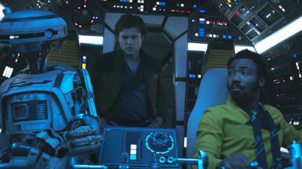 Alden Ehrenreich is Han Solo, Donald Glover is Lando Calrissian and Phoebe Waller-Bridge is L3-37 in SOLO: A STAR WARS STORY.