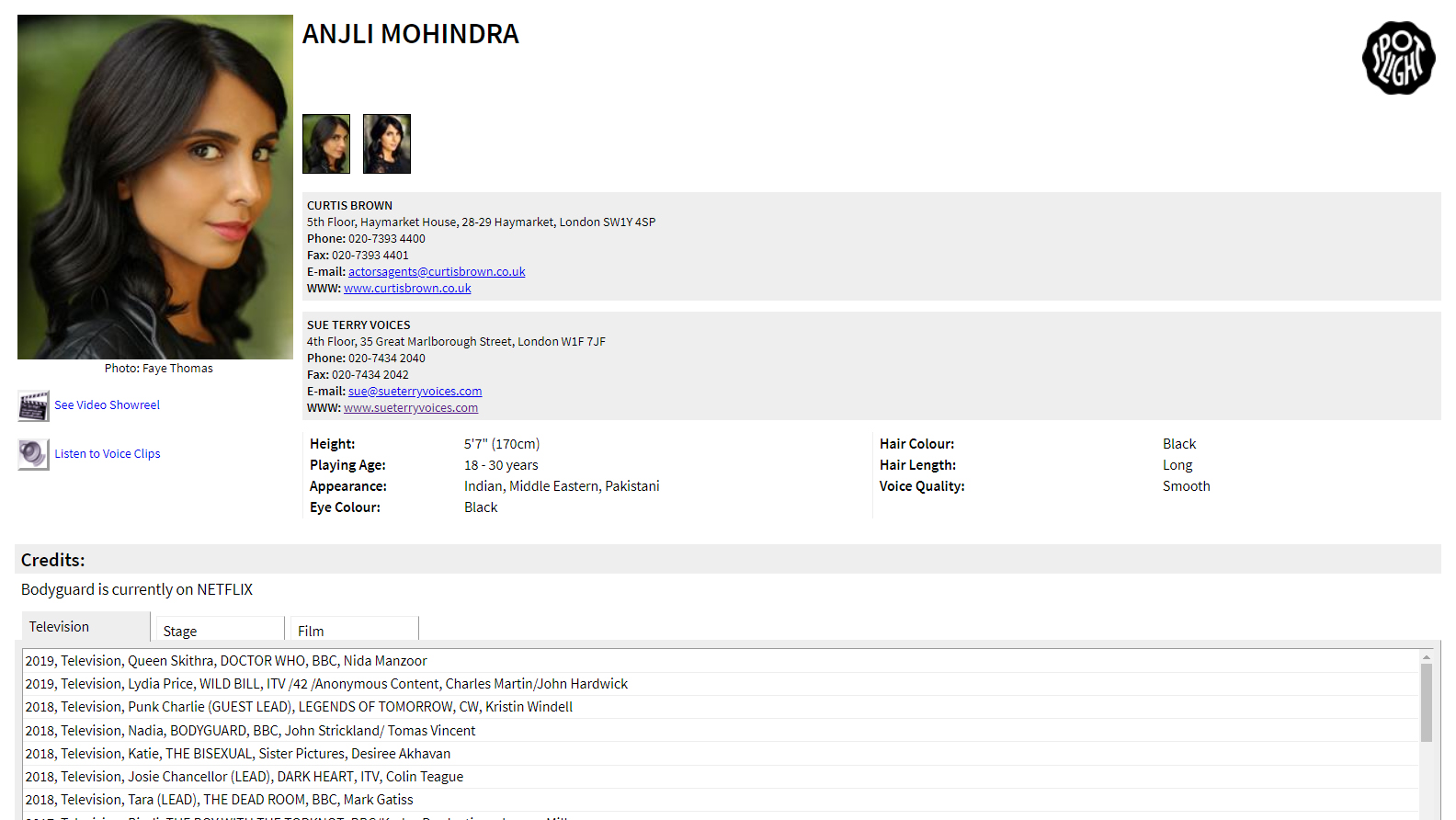 Spotlight CV. of Series 12 actress Anjli Mohindra. 