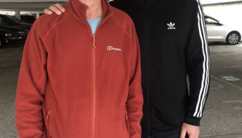 Frank Skinner and Christopher in the Big Finish car park