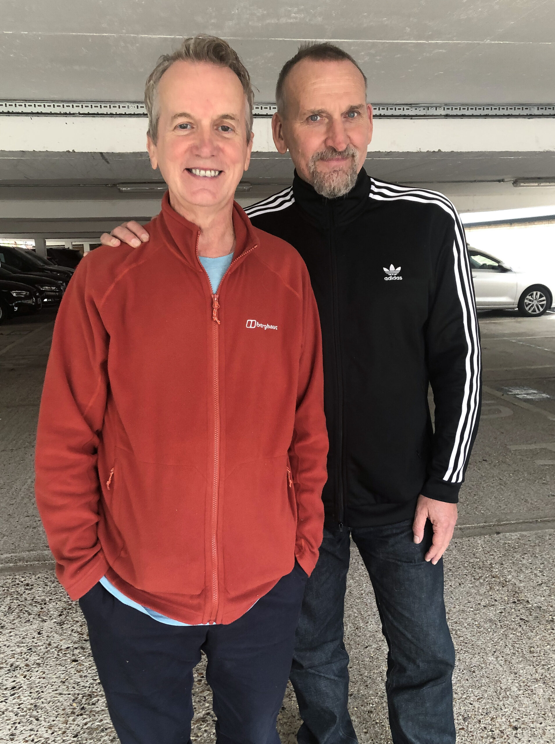 Frank Skinner and Christopher in the Big Finish car park
