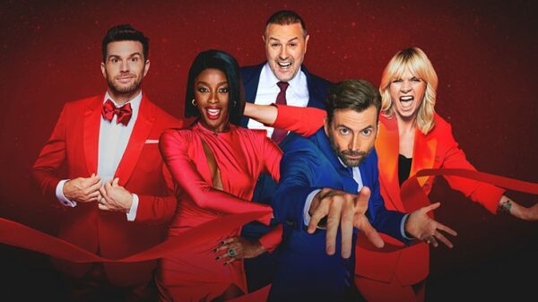 Red Nose Day 2023 presenters - Joel Dommett, AJ Odudu, Paddy McGuinness, David Tennant and Zoe Ball