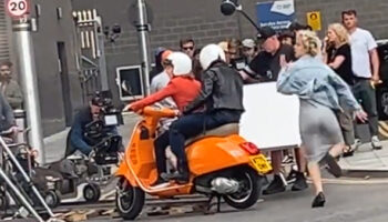 Bonnie Langford and Ncuti Gatwa filming a scooter stunt for Doctor Who