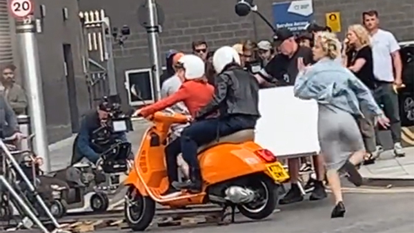 Bonnie Langford and Ncuti Gatwa filming a scooter stunt for Doctor Who