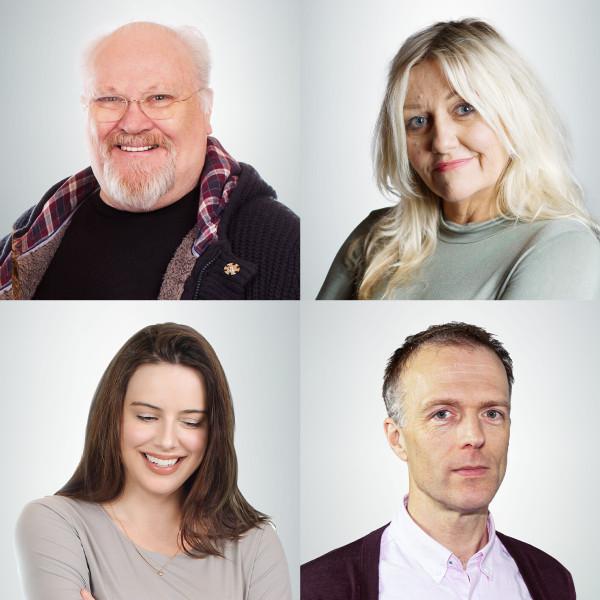 Headshots of Colin Baker, Camile Coduri, Michelle Ryan & Michael Maloney - the cast of Doctor Who - Once and Future 4: Two's Company