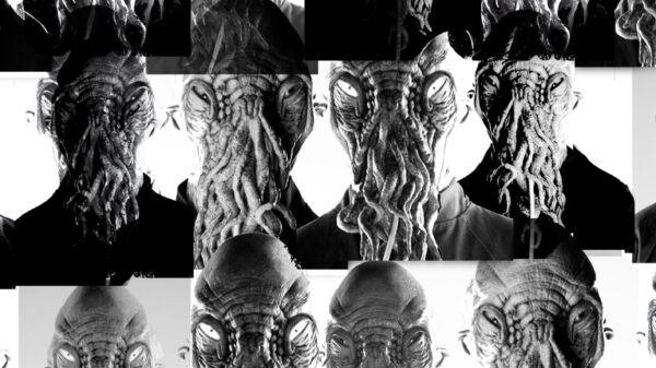 A collage of black and white Ood