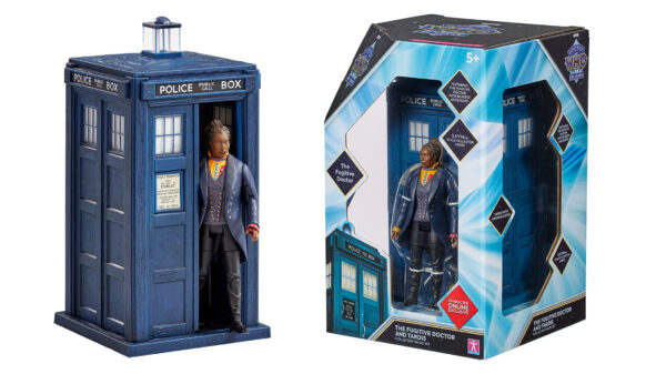 The Fugitive Doctor action figure in TARDIS doorway, and also boxed in Doctor Who 60th Anniversary packaging