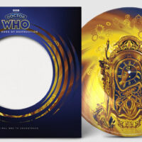 Doctor Who: The Edge of Destruction vinyl sleeve and disc artwork, featuring an Ormolu clock