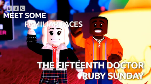 Screenshot of Roblox versions of Doctor Who characters Ruby Sunday and The Fifteenth Doctor from BBC Wonder Chase