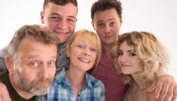 The cast of the Outnumbered Christmas special 2024 - Hugh Dennis, Daniel Roache, Clare Skinner, Tyger Drew-Honey and Ramona Marquez