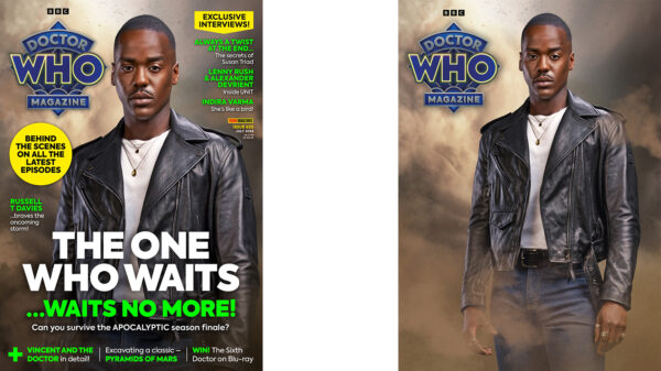 Doctor Who Magazine 605 - standard and textless covers, featuring Ncuti Gatwa as the 15th Doctor in a black leather jacket, white t-shirt and jeans amid a cloud of dust