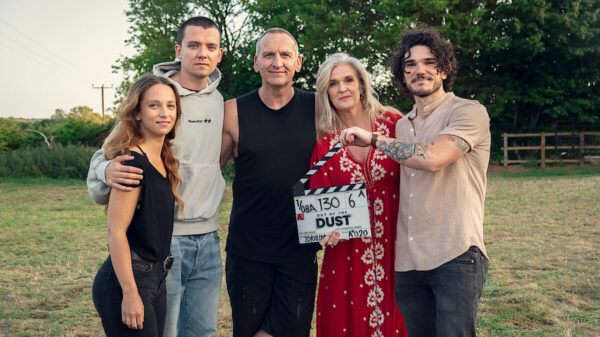 Out of the Dust cas with clapperboard: Molly Windsor, Asa Butterfield, Christopher Eccleston, Siobhan Finnerhan & Fra Free