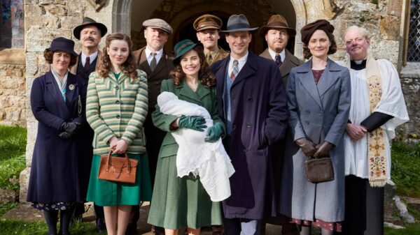 The All Creatures Great and Small Series 5 cast outside a chruch for baby James Herriot's christening