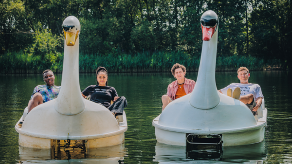 Big Boys final series - Yemi, Corinne, Jack and Danny on swan pedalos