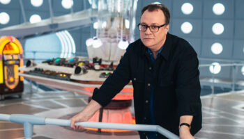 Russell T Davies, the Doctor Who showrunner, at the 14th/15th Doctor's TARDIS console