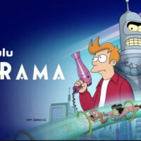 The title "Futurama" is under the hulu logo on the left, on the right Fry, Lila and Bender stand as a trio