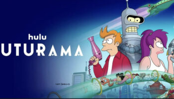 The title "Futurama" is under the hulu logo on the left, on the right Fry, Lila and Bender stand as a trio