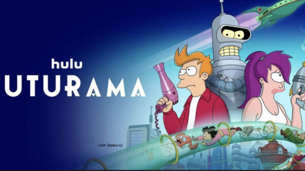The title "Futurama" is under the hulu logo on the left, on the right Fry, Lila and Bender stand as a trio