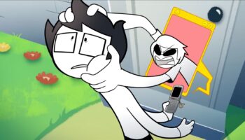 John Egbert on a phone call with a friend, who's character is popping out from a speech bubble next to the phone and grabbing John's head to look at something out of frame.