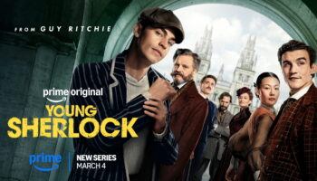 Key art for Young Sherlock, featuring the cast stood in front of victorian London.