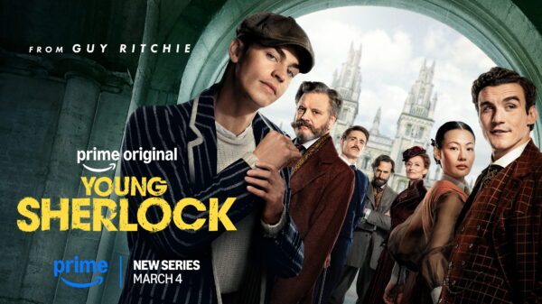 Key art for Young Sherlock, featuring the cast stood in front of victorian London.