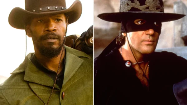 Jamie Foxx in 'Django Unchained'; Antonio Banderas in The Mask of Zorro'. Credit: Andrew Cooper/The Weinstein Company; Ronald Siemoneit/Sygma/Sygma via Getty