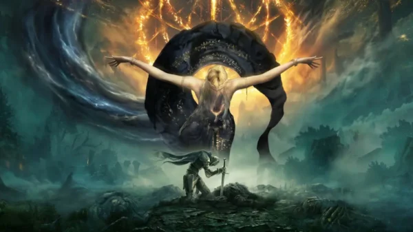 Cover art of the tarnished warrior and a goddess for Elden Ring, which is now being adapted into a film