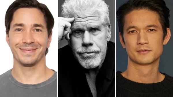 Headshots of Justin Long, Ron Perlman and Harry Shum Jr., all people who will star in Hellhound