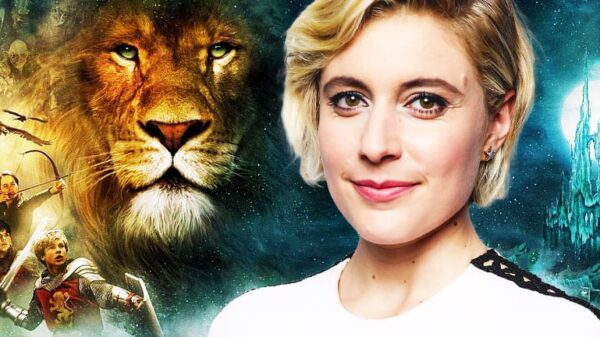 Greta Gerwig overlayed on old Narnia graphics, advertising Narnia: The Magician’s Nephew