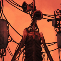 An illustration of the giant wired body of a strange humanoid creature with large megaphones where its head should be, stood amongst power lines