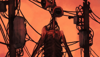 An illustration of the giant wired body of a strange humanoid creature with large megaphones where its head should be, stood amongst power lines