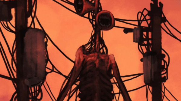 An illustration of the giant wired body of a strange humanoid creature with large megaphones where its head should be, stood amongst power lines