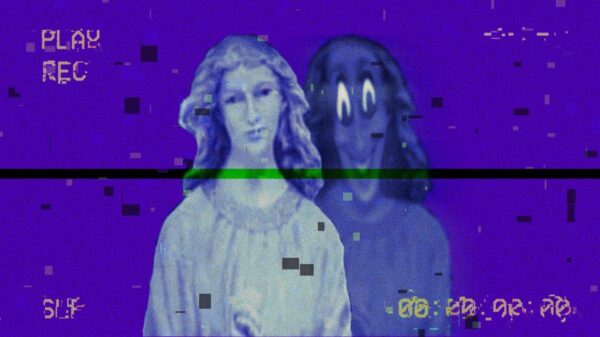 A corrupted VHS image of an angel, taken from The Mandela Catalogue youtube series