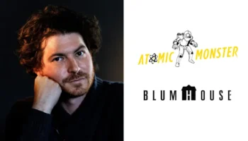 Jacob Chase next to the Blumhouse logo, they are both behind Sleepover