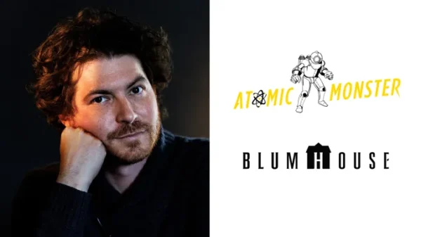 Jacob Chase next to the Blumhouse logo, they are both behind Sleepover