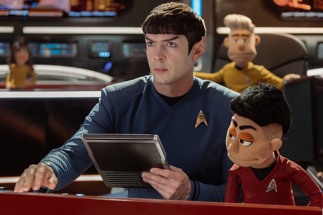 Spock on the Bridge with the puppet crew
