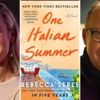 Brie Larson and Harry Bradbeer, pictured either side of the cover of One Italian Summer