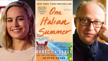 Brie Larson and Harry Bradbeer, pictured either side of the cover of One Italian Summer