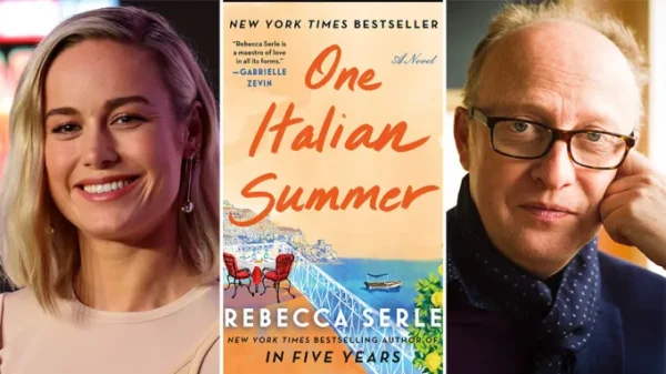Brie Larson and Harry Bradbeer, pictured either side of the cover of One Italian Summer