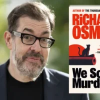 Richard Osman next to his We Solve Murders book