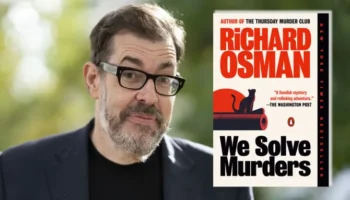 Richard Osman next to his We Solve Murders book