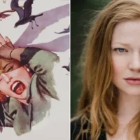A still from The Birds and Sarah Snook