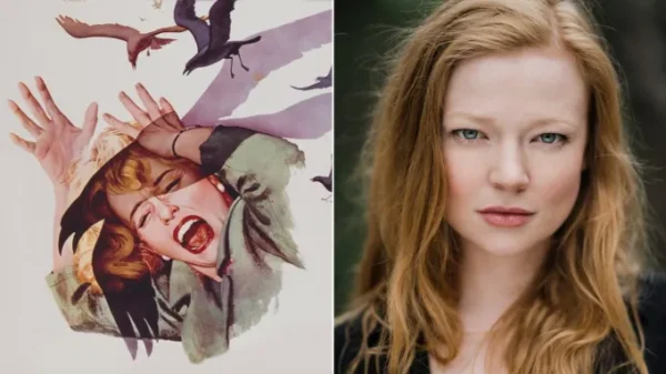 A still from The Birds and Sarah Snook
